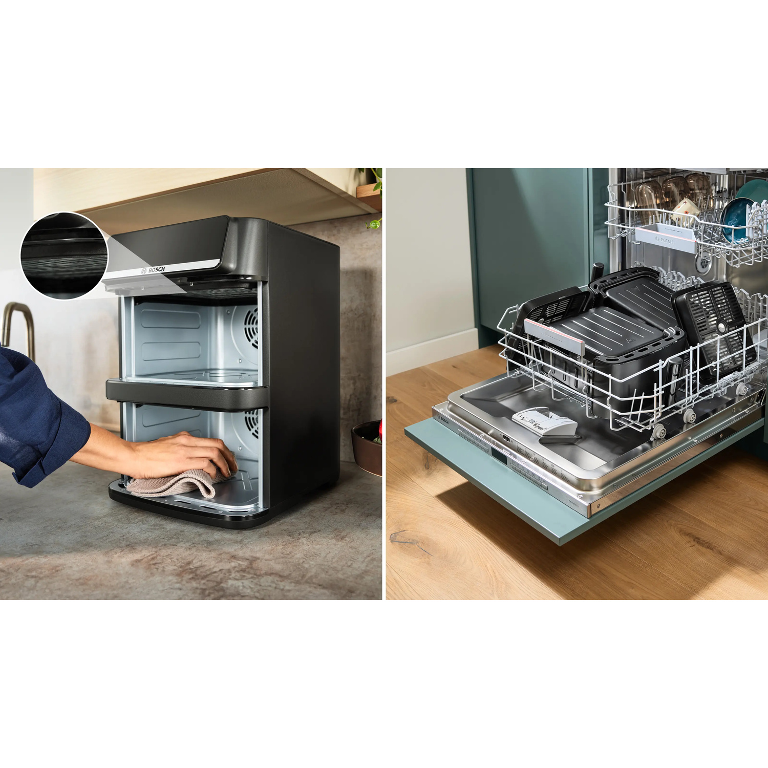 Un forno Bosch nero viene pulito; accanto, una lavastoviglie aperta con cestelli.