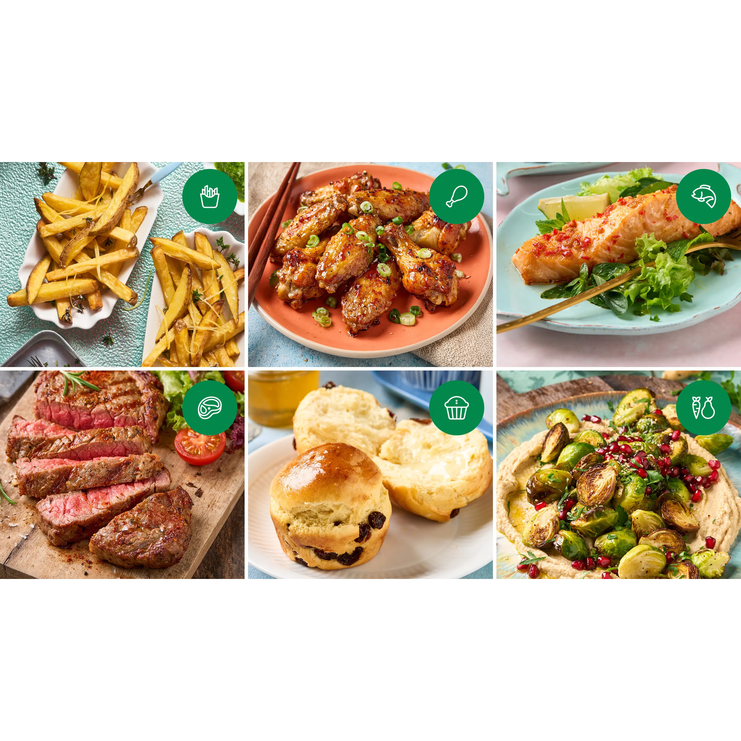 Vari piatti: patatine fritte, alette di pollo, salmone, bistecca, panini e cavoletti di Bruxelles.
