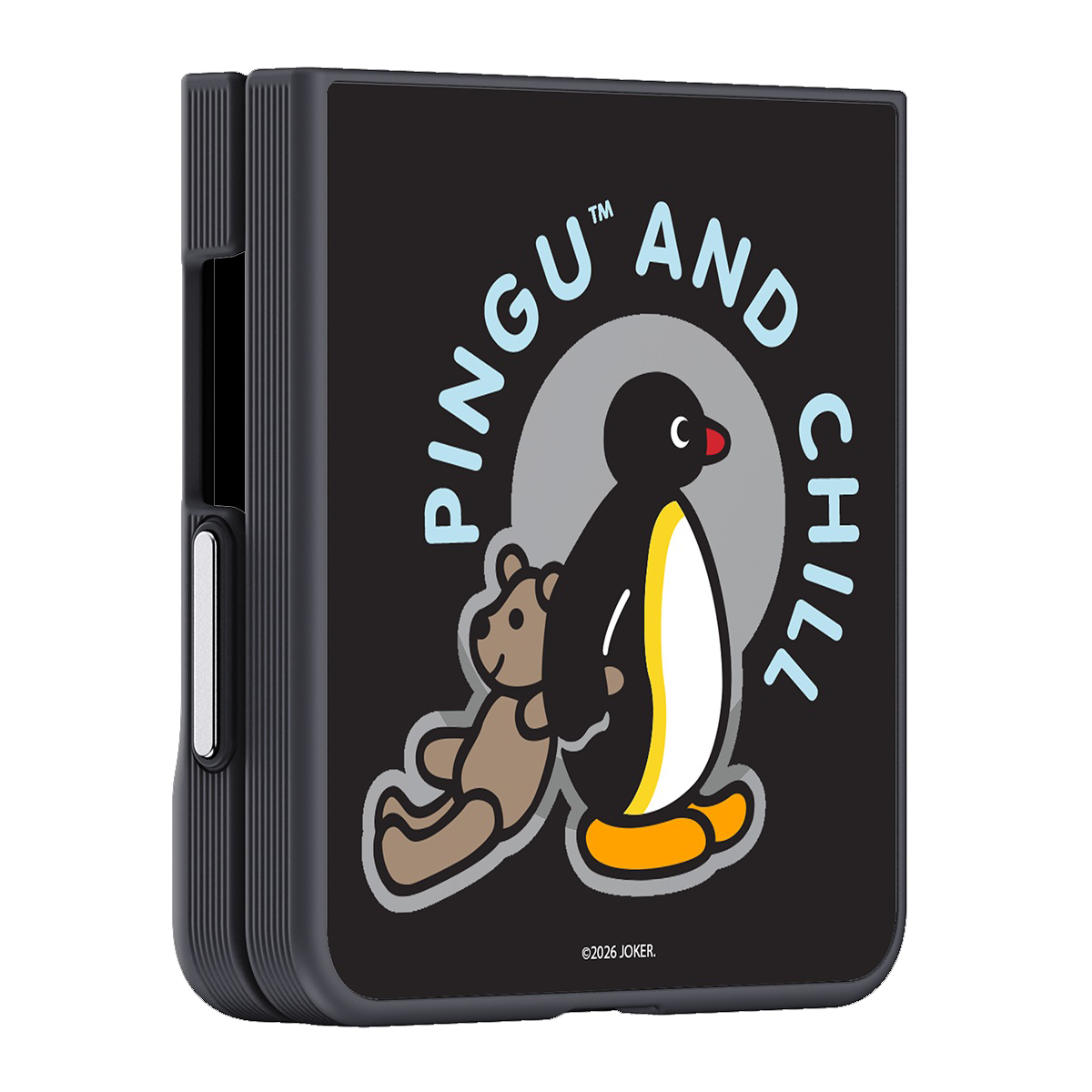 Pingu ve ayıcık grafikli, "PINGU AND CHILL" yazılı siyah kılıf.