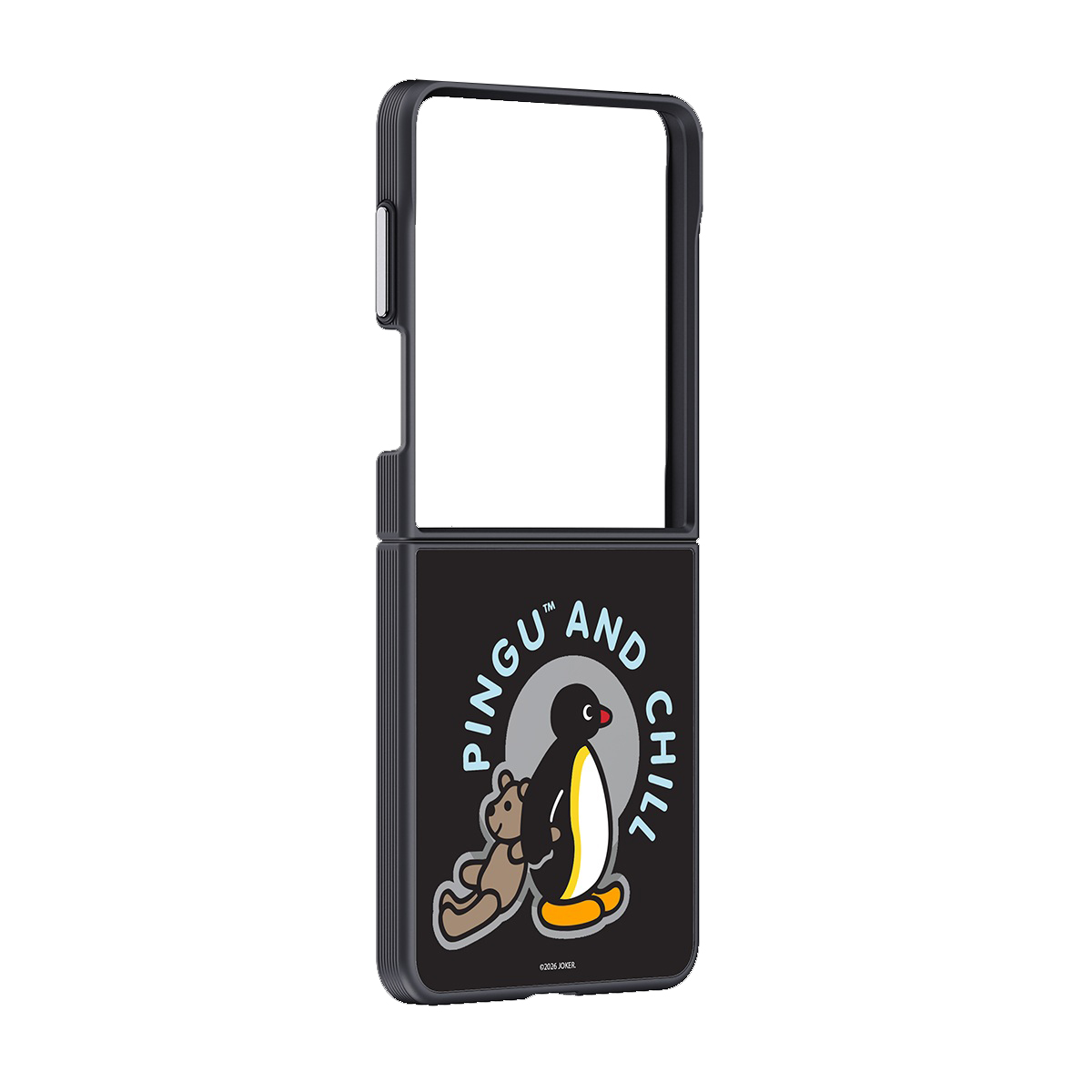 Pingu ve ayıcık baskılı siyah telefon kılıfı, Pingu & Chill.