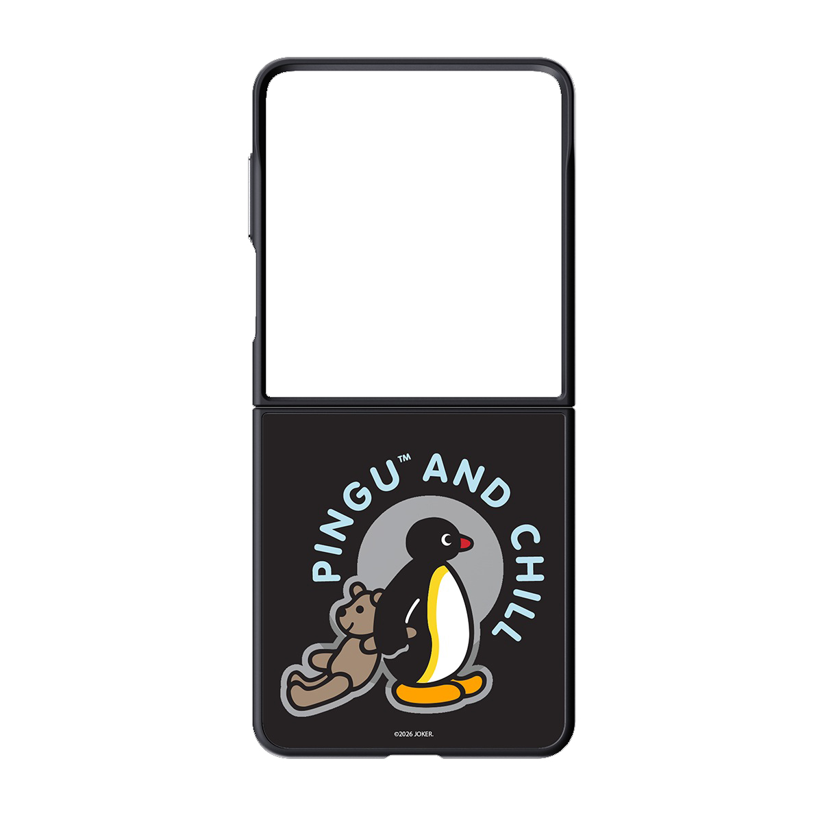 Pingu ve ayıcık tasarımlı kapaklı telefon, üzerinde "Pingu and Chill" yazıyor.