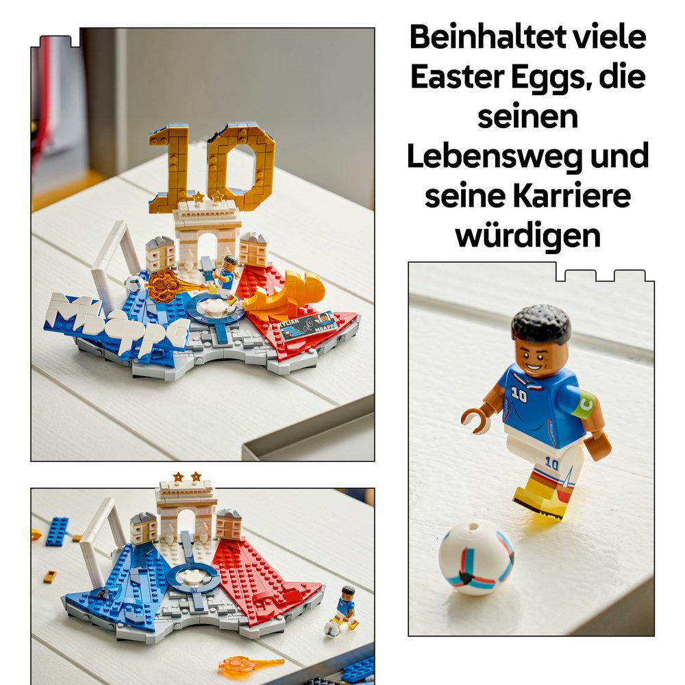 Fußball-Minifigur mit Ball und Trophäen-Display mit der Zahl 10.