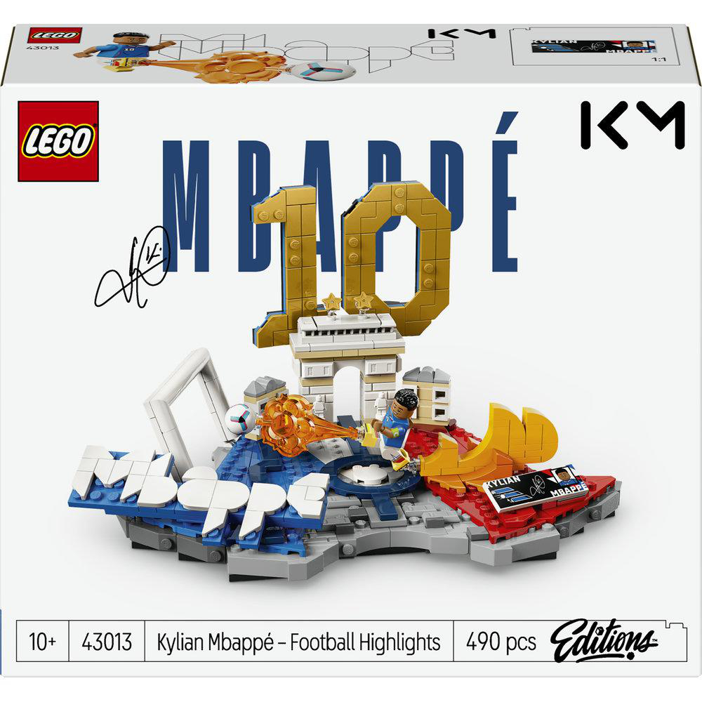 LEGO-Set mit Kylian Mbappé-Thema, Fußballtor, Spielerfigur und Flammen.