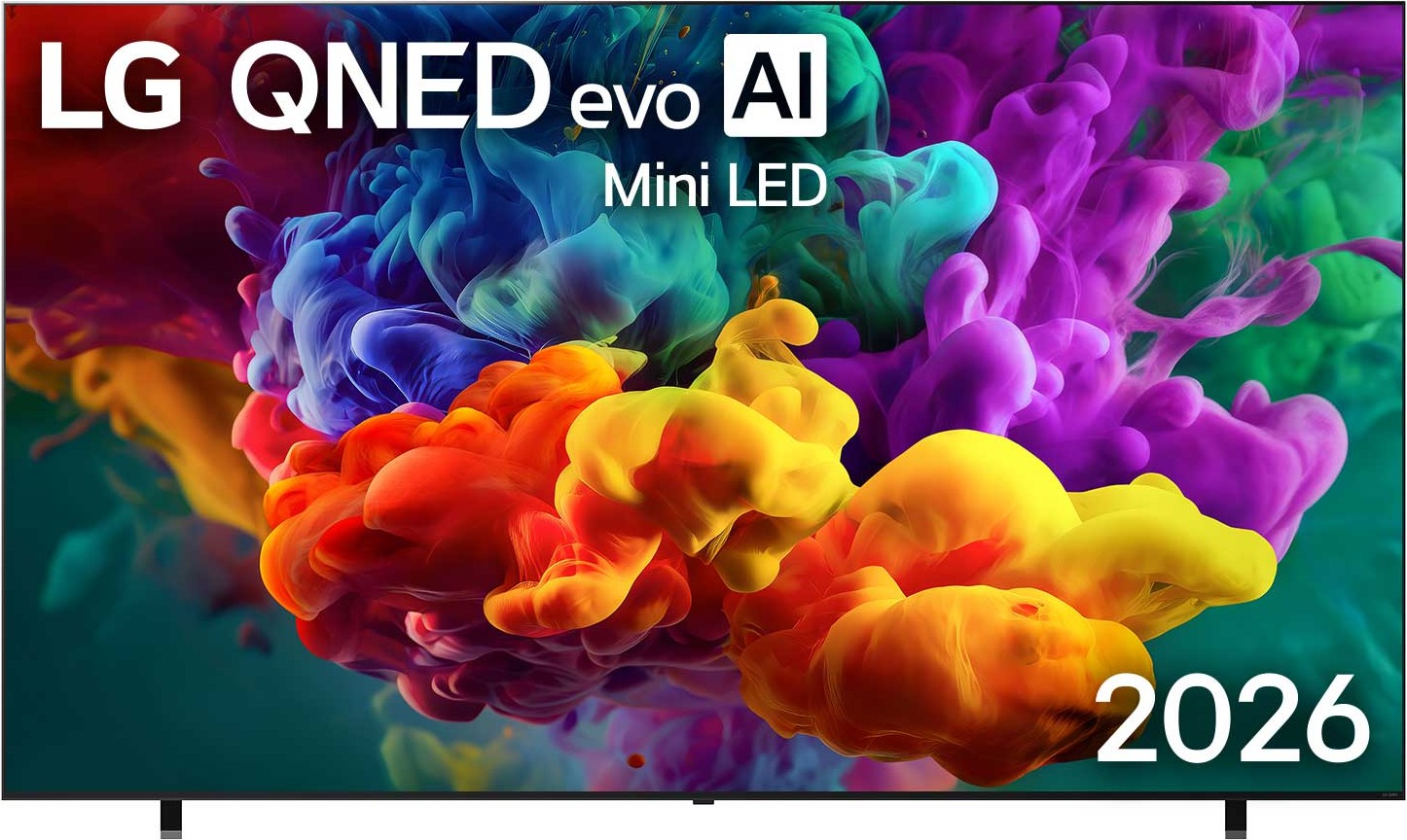 TV LG QNED evo AI Mini LED avec explosion de fumée colorée et année 2026.