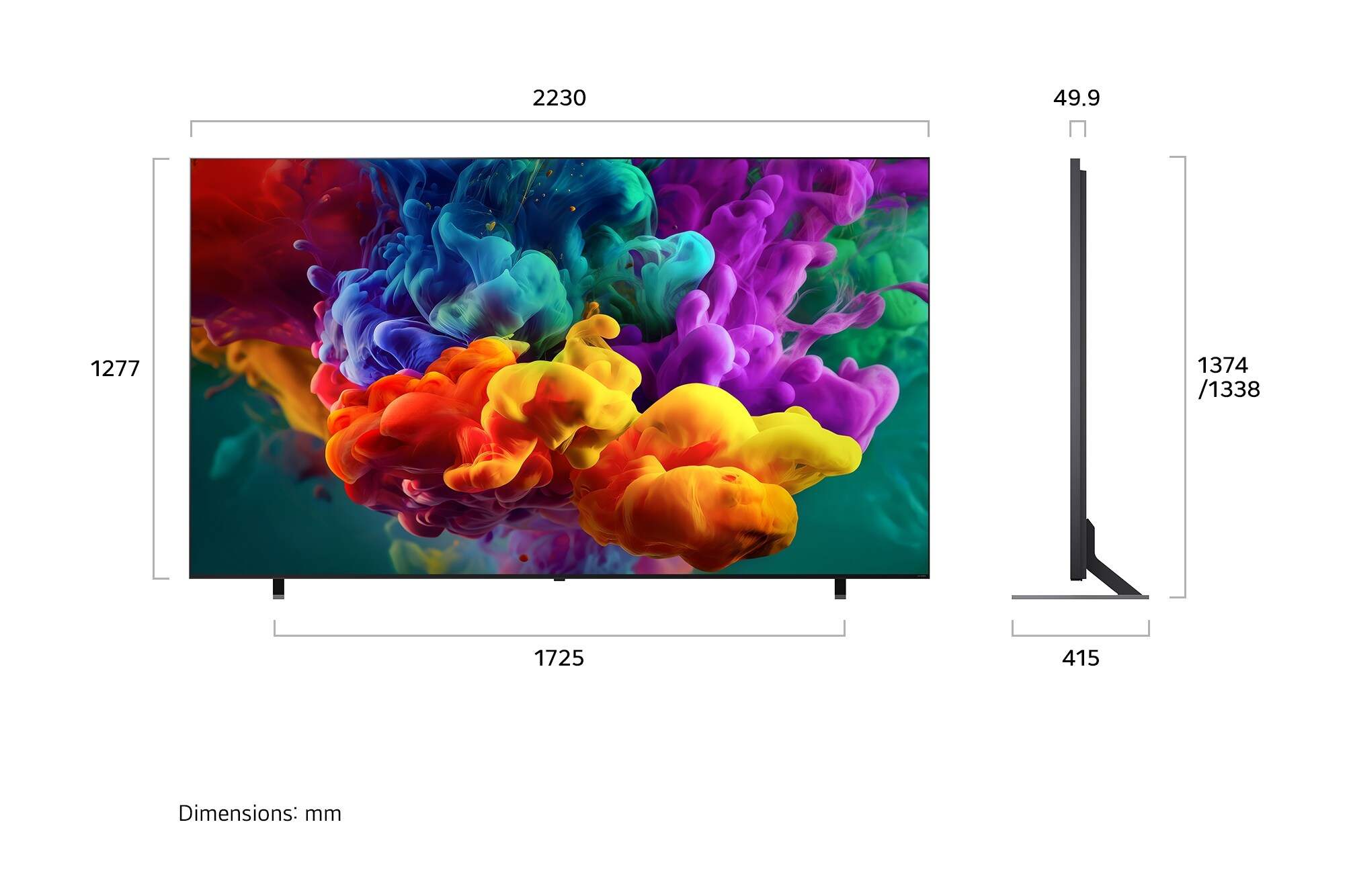 Un grand téléviseur affichant des explosions de couleurs vives avec ses dimensions.