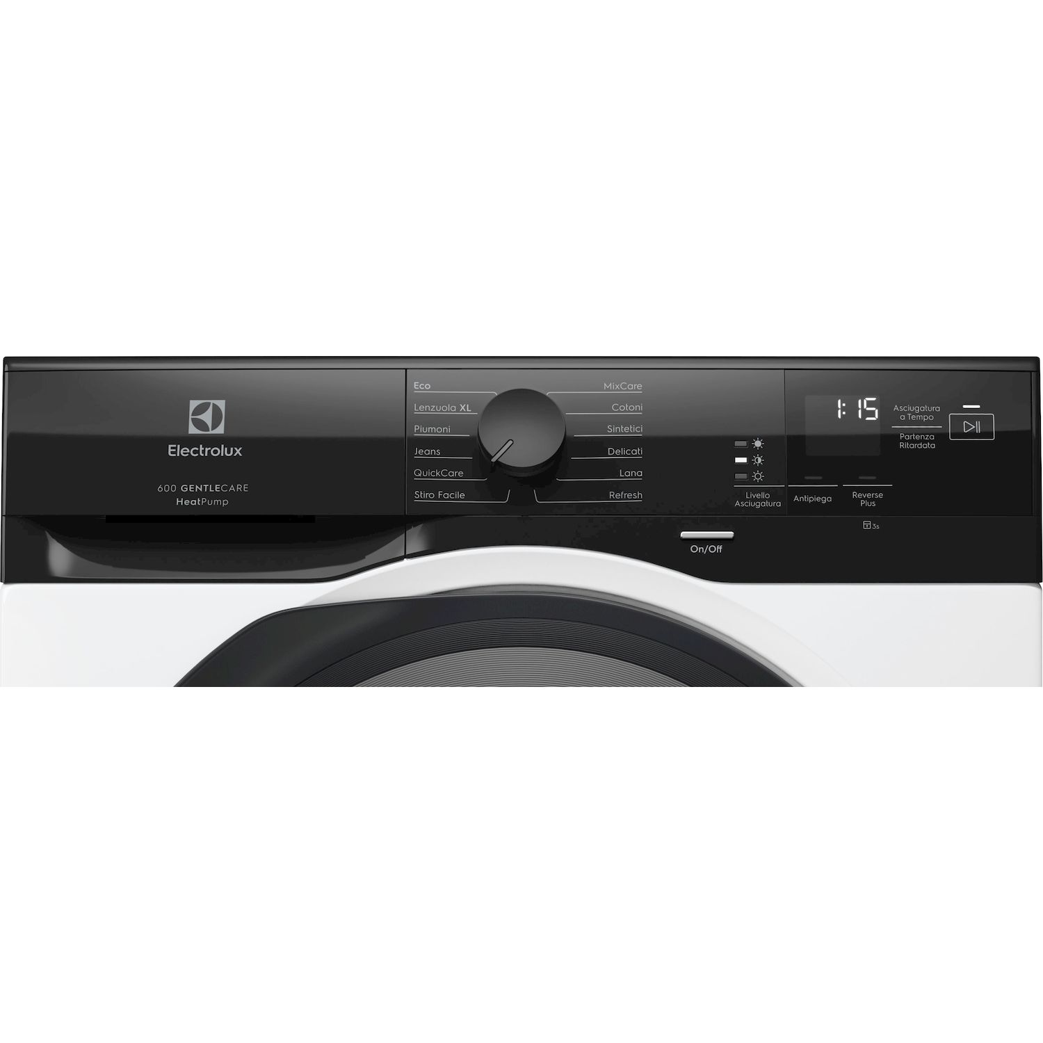 Una lavatrice Electrolux bianca e nera con pannello di controllo.