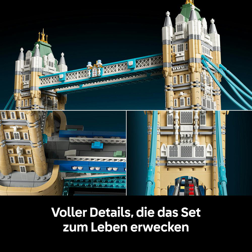 Lego-Modell der Tower Bridge mit detaillierten Türmen, Brückenbögen und Kabeln.
