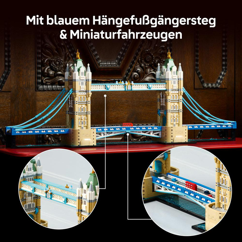Lego-Modell der Tower Bridge mit blauen Hängebrücken und Miniaturfahrzeugen.