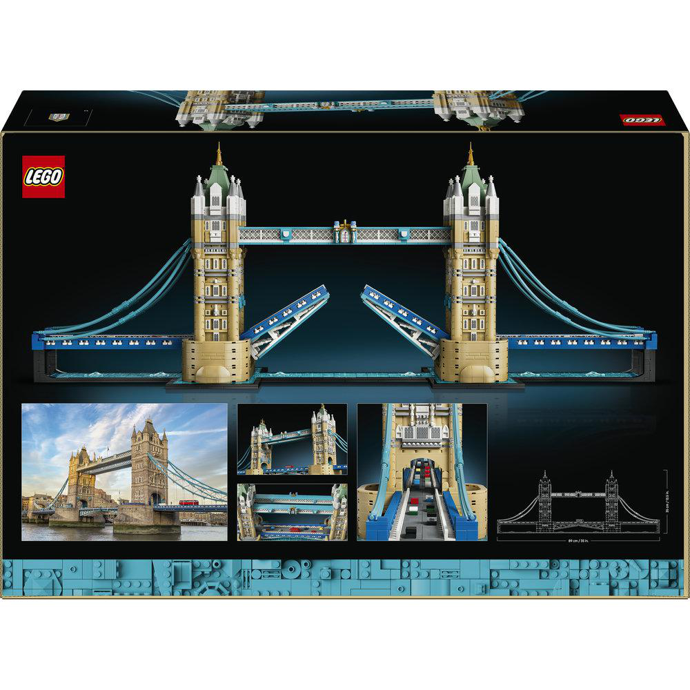 Lego-Modell der Tower Bridge mit geöffneten Klappen und Detailbildern.