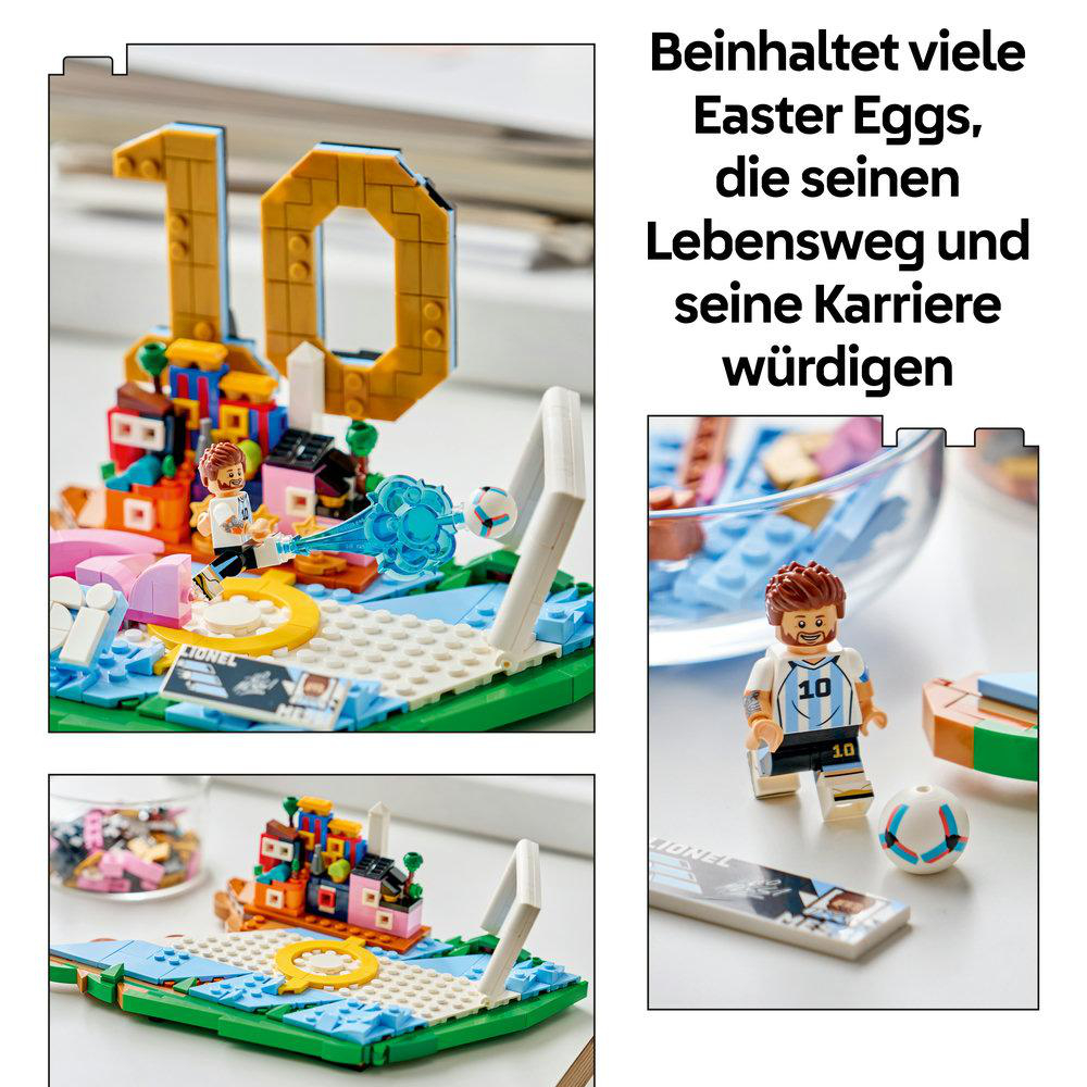 Lego-Figuren mit Fußballmotiv und der Zahl 10, auf einem grünen und blauen Spielfeld.