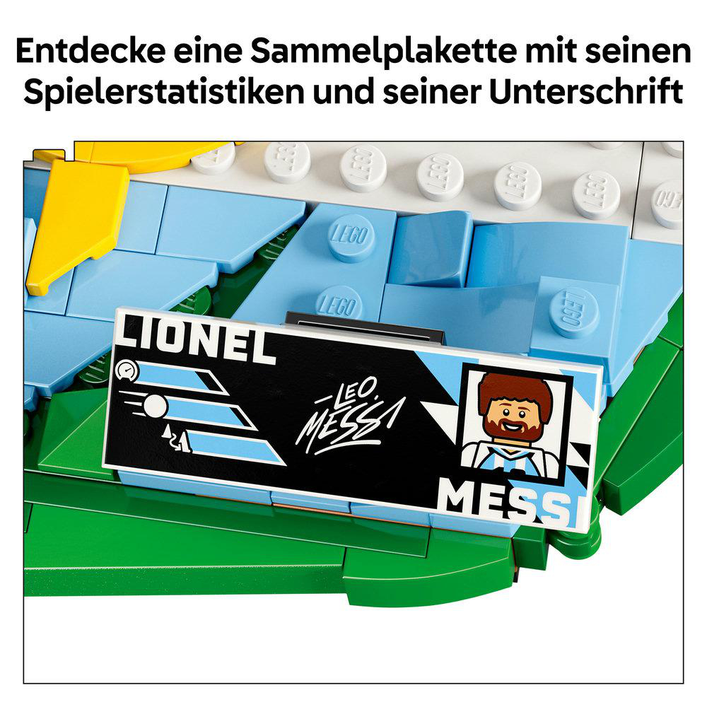 Lego-Sammelplakette mit Lionel Messi, Spielerstatistiken und Unterschrift.