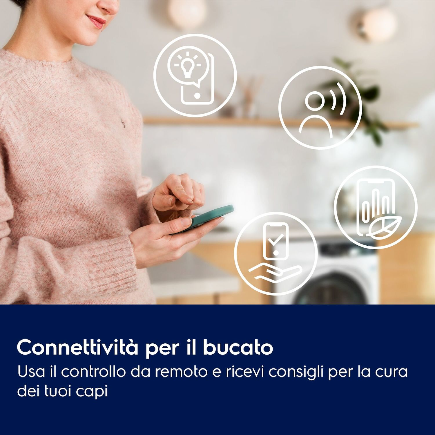 Donna con smartphone e icone di connettività, lavatrice sullo sfondo.