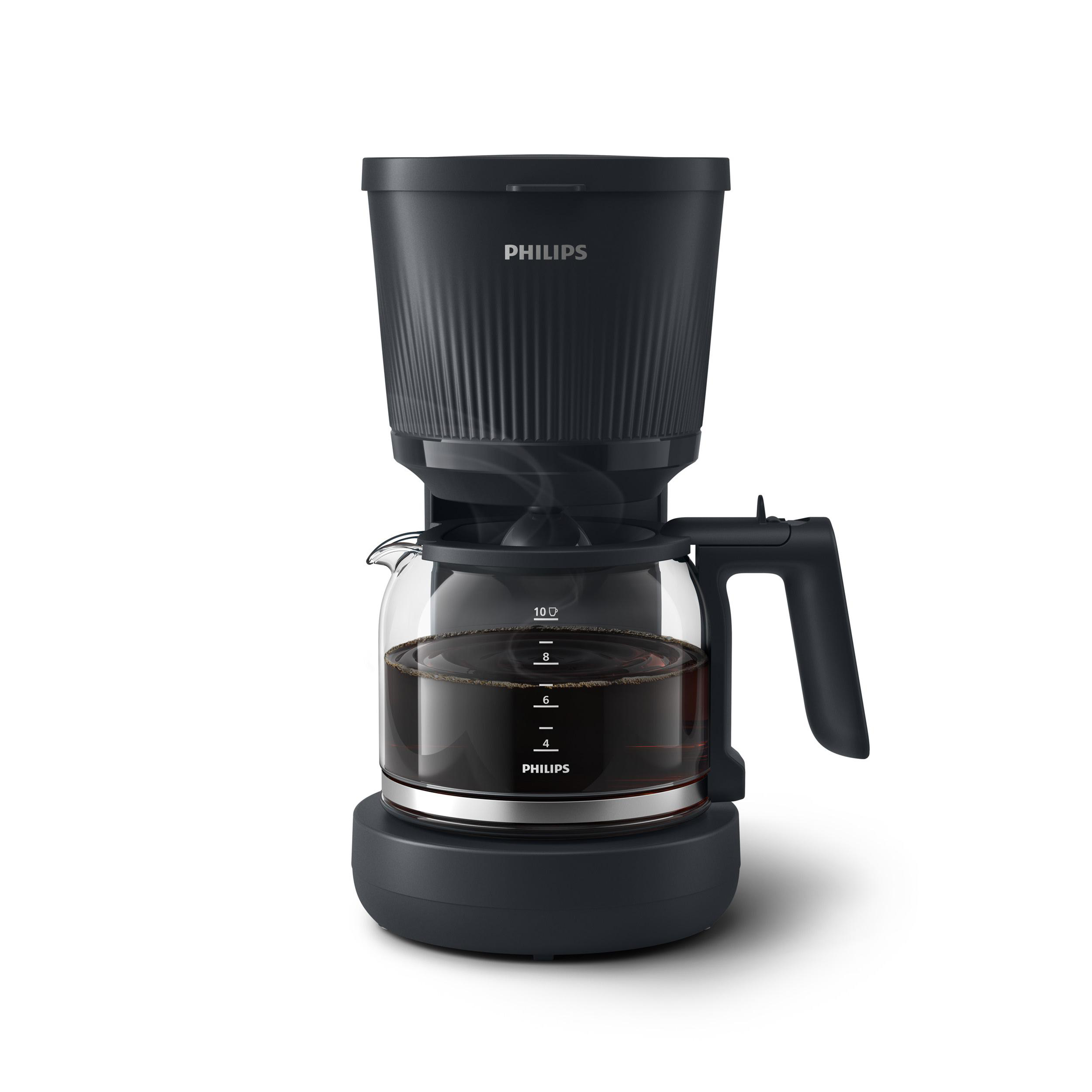 Schwarze Philips Kaffeemaschine mit Glaskanne, gefüllt mit Kaffee.