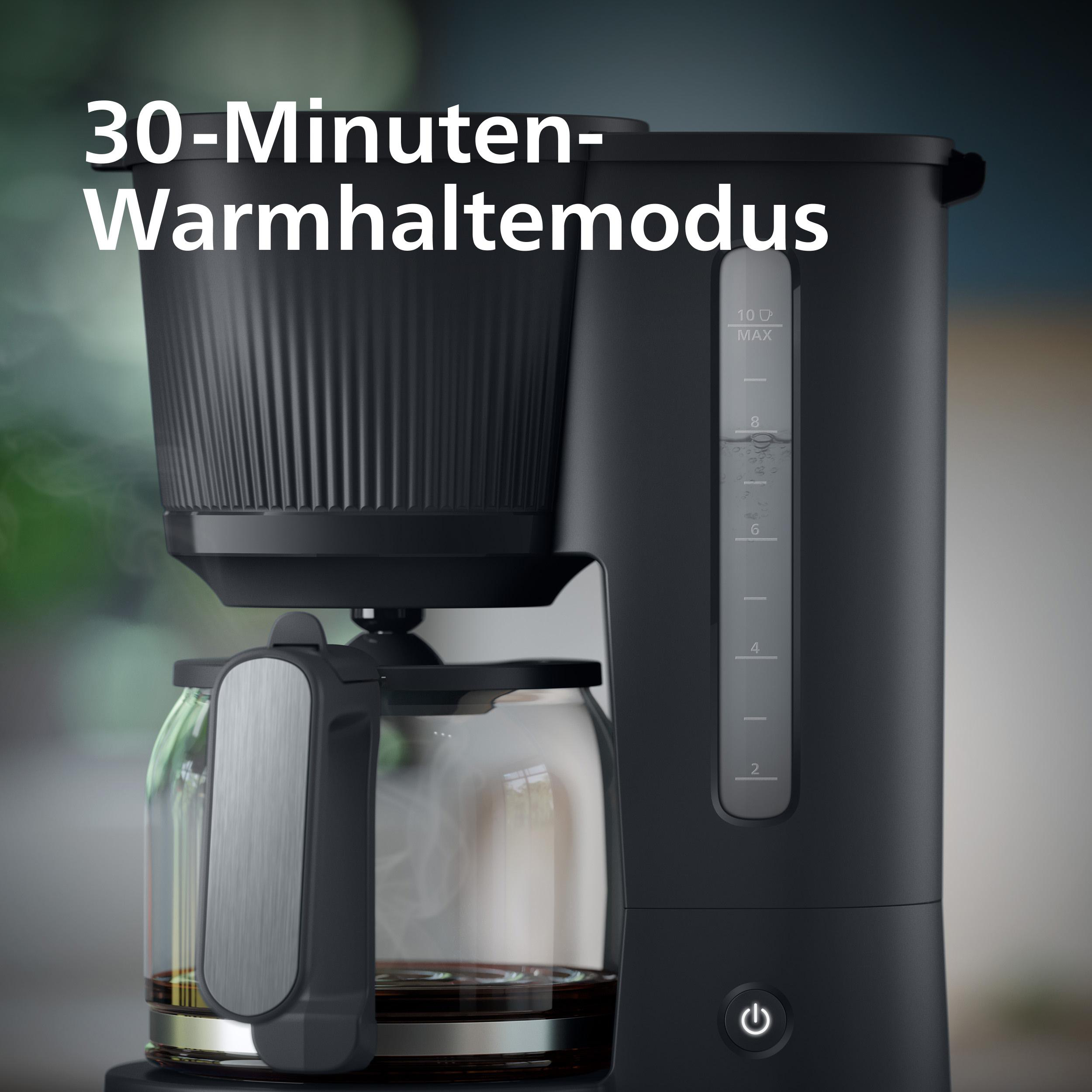 Schwarze Kaffeemaschine mit Glaskaraffe und Kaffee. Text: 30-Minuten Warmhaltemodus.