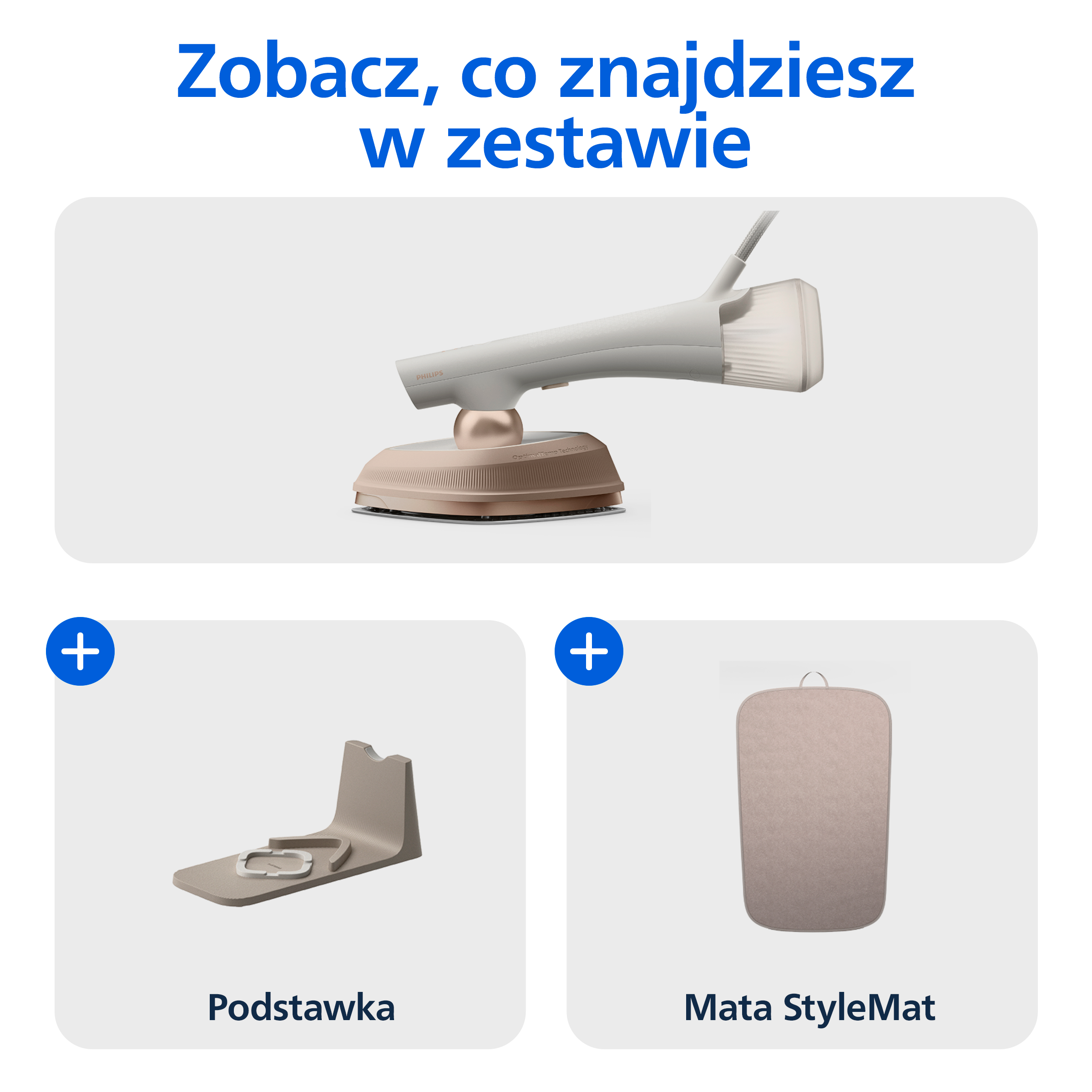 Beżowe i białe żelazko parowe z podstawką i matą.