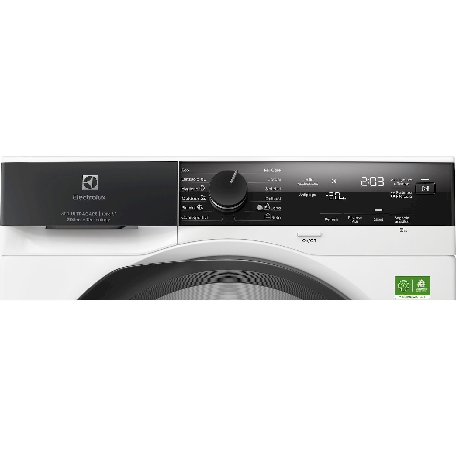Pannello di controllo di una lavatrice Electrolux con selezione programmi e display digitale.