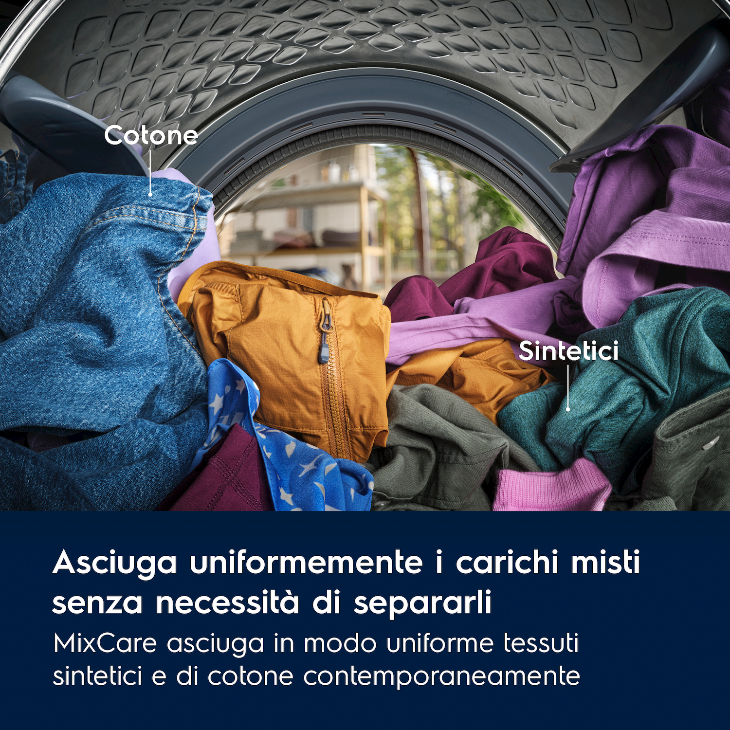 Un cestello di lavatrice pieno di vestiti, etichettato 'Cotone' e 'Sintetici'.