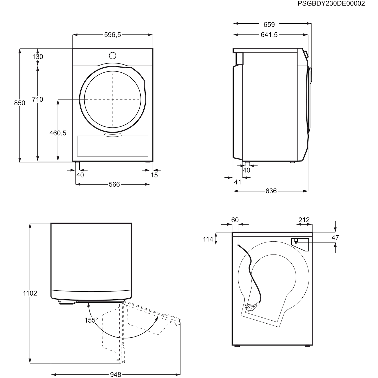 Disegno tecnico di una lavatrice con dimensioni.
