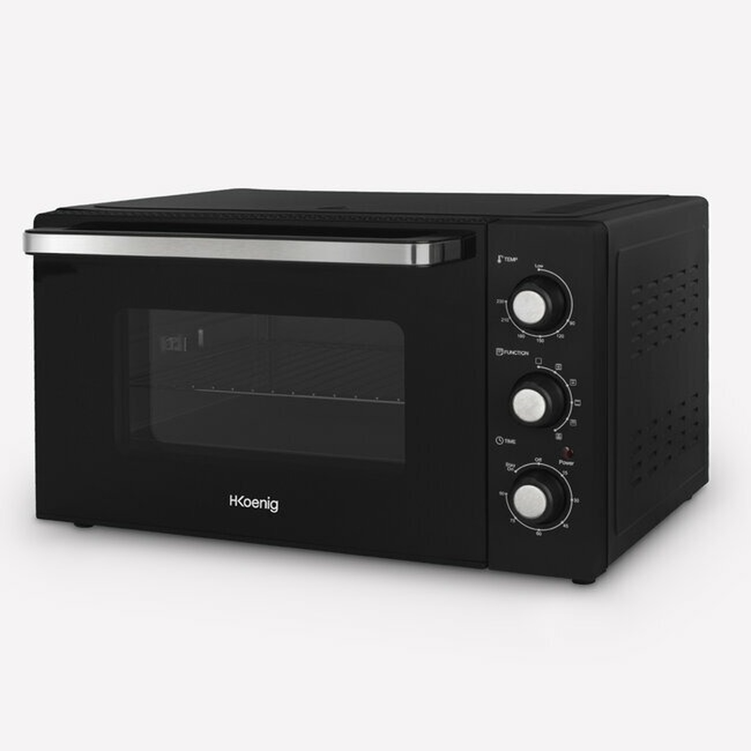 Forno nero da banco con maniglia e manopole argentate.