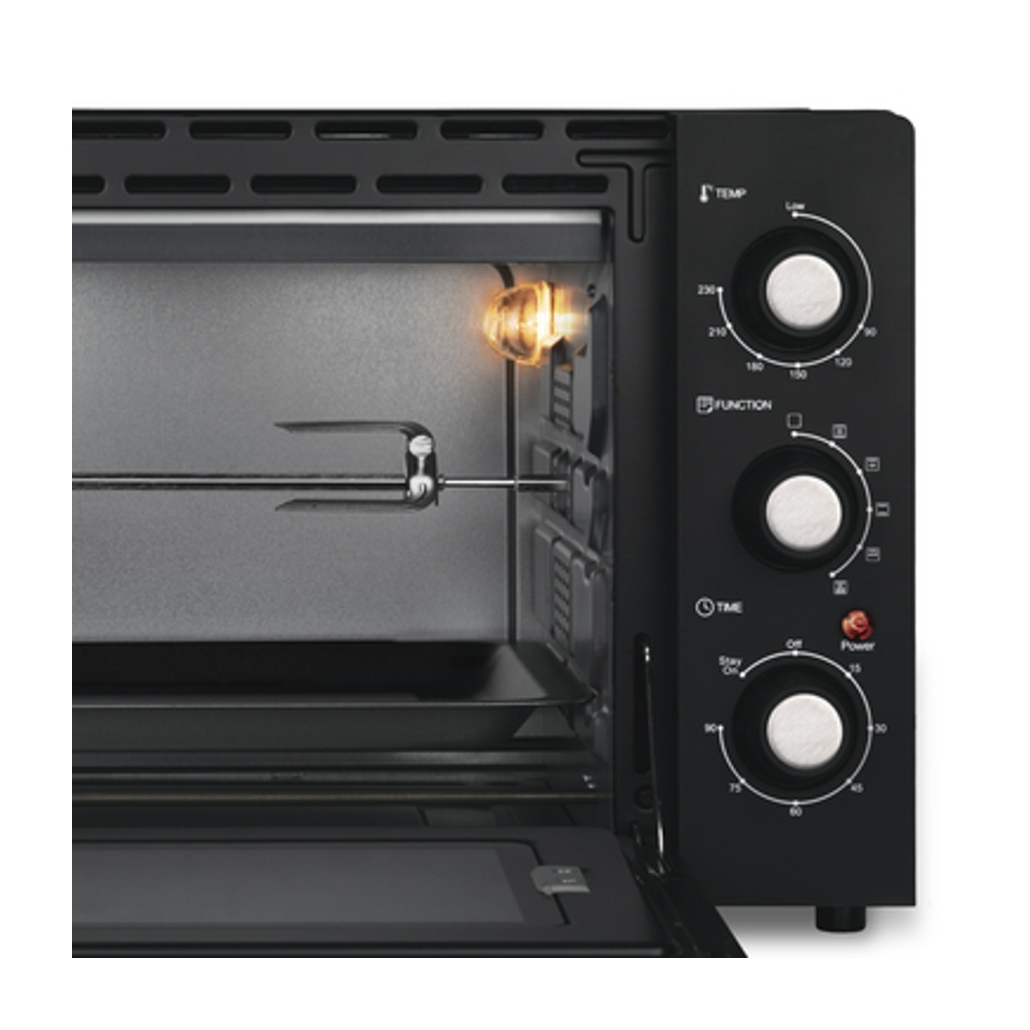 Un forno nero da banco con interno aperto, elemento riscaldante acceso e girarrosto.