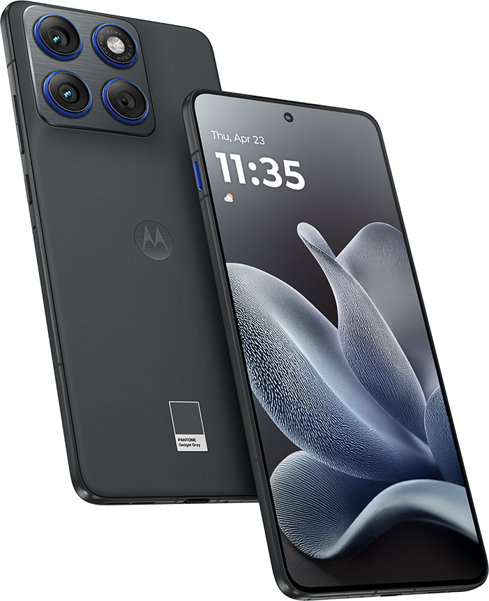 Két sötétszürke Motorola telefon. Az egyik a hátlapi kamerát, a másik a képernyőt mutatja.