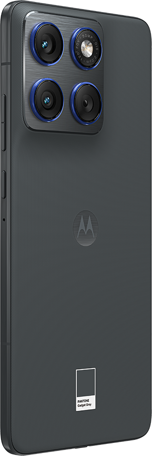Sötétszürke Motorola okostelefon négy kamerával és kék díszítéssel.