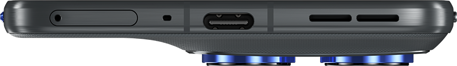 Szürke okostelefon USB-C, SIM-nyílás, hangszórórácsokkal. Kék díszítések.