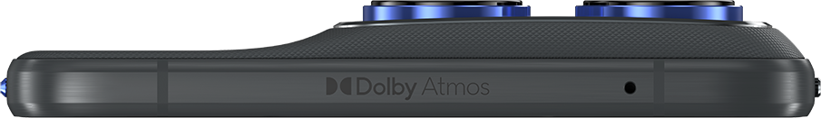 Sötétszürke okostelefon Dolby Atmos logóval és kék kezelőgombokkal.
