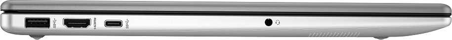 Ezüst laptop él USB, HDMI és fejhallgató csatlakozókkal.