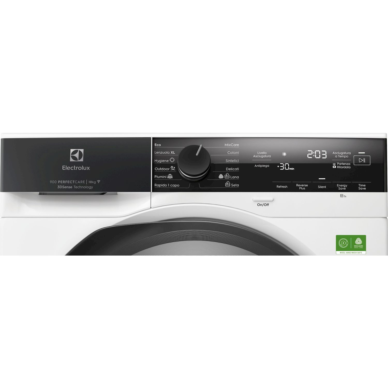 Pannello di controllo di una lavatrice Electrolux bianca con selezione programmi e display digitale.