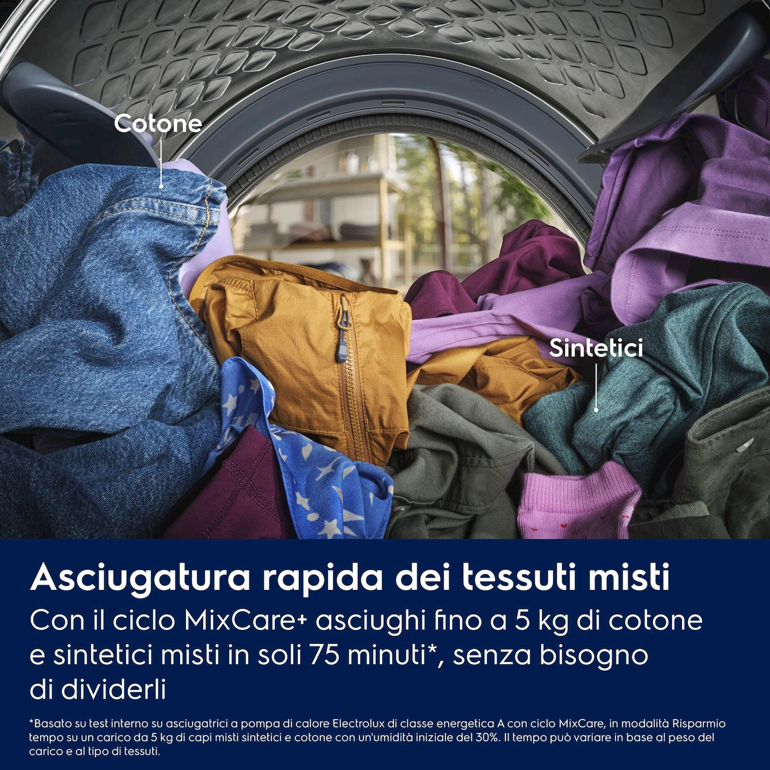 Vista interna di una lavatrice con bucato misto, etichette cotone e sintetici.