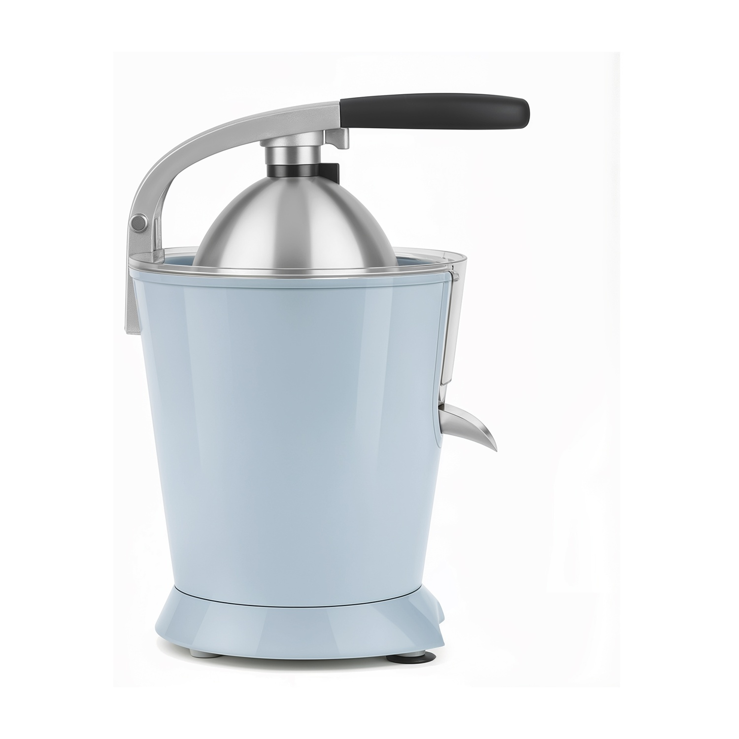 Spremiagrumi azzurro con leva argentata e manico nero.
