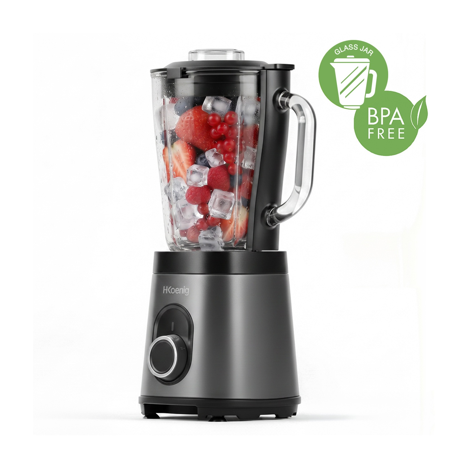 Un frullatore scuro con frutta e ghiaccio nel suo boccale di vetro, senza BPA.