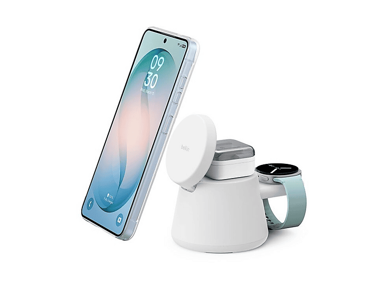 CARICATORE WIRELESS BELKIN SUPPORTO DI RICARICA Qi2 3IN1 UNIVERSALE da 25 W, Bianco