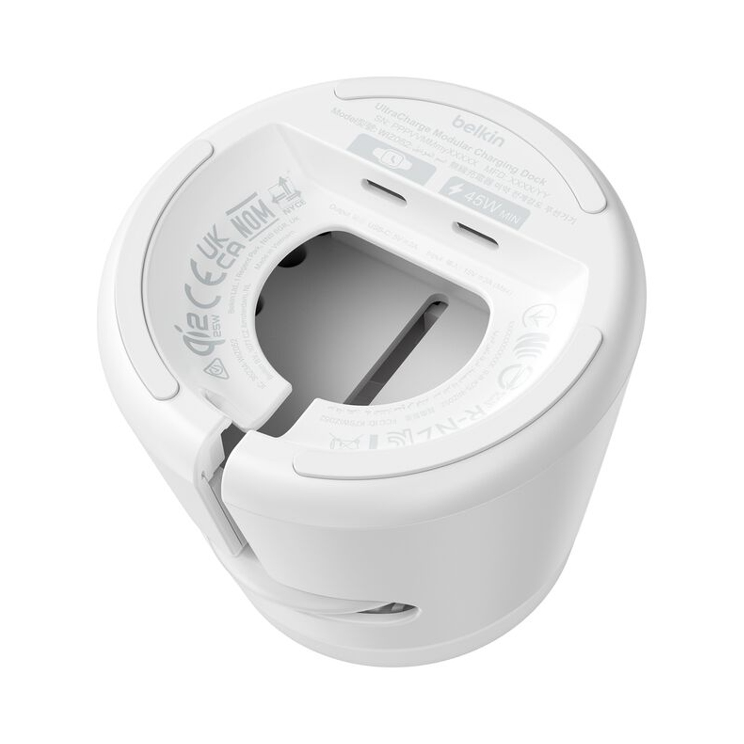 Dock di ricarica Belkin bianco, 45W, visto dall'alto.