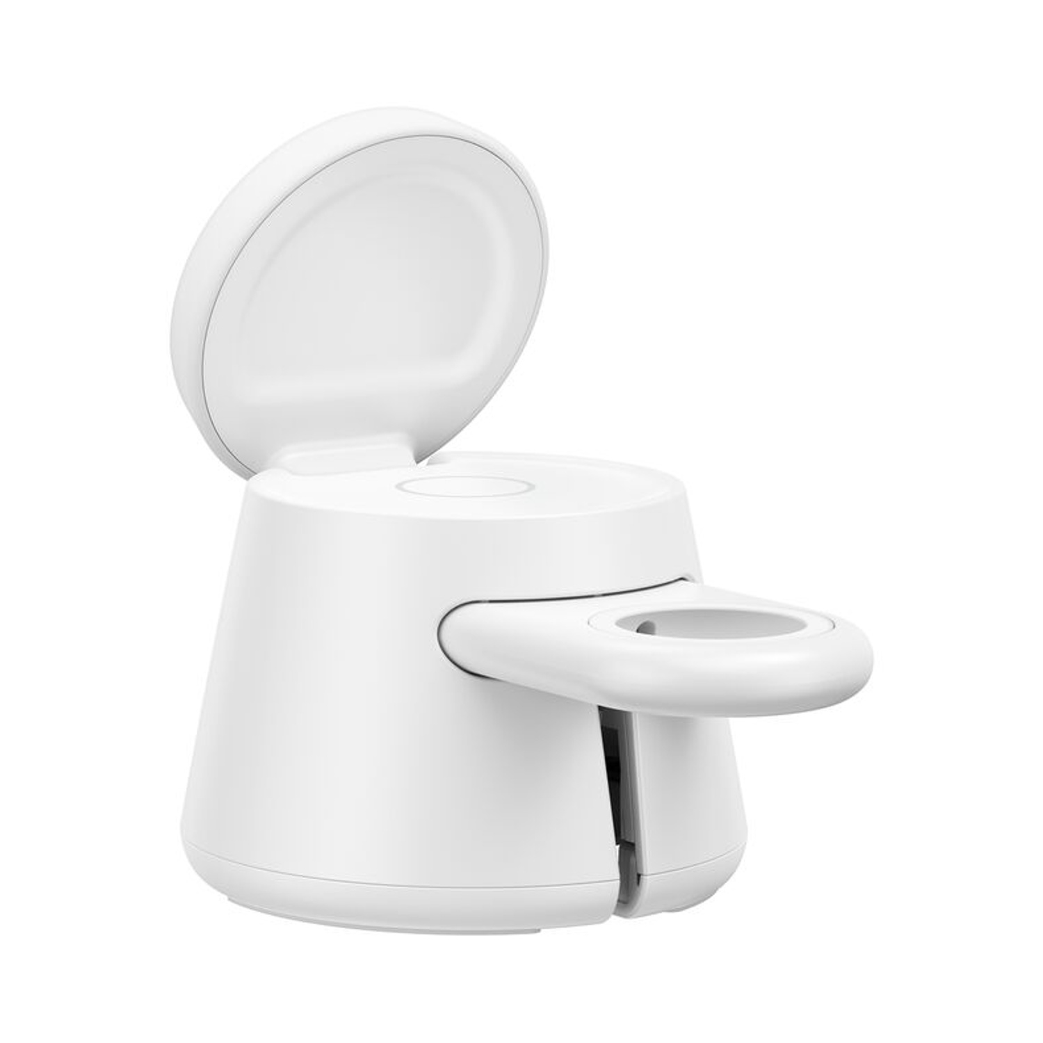 Un caricabatterie bianco con coperchio aperto e maniglia.