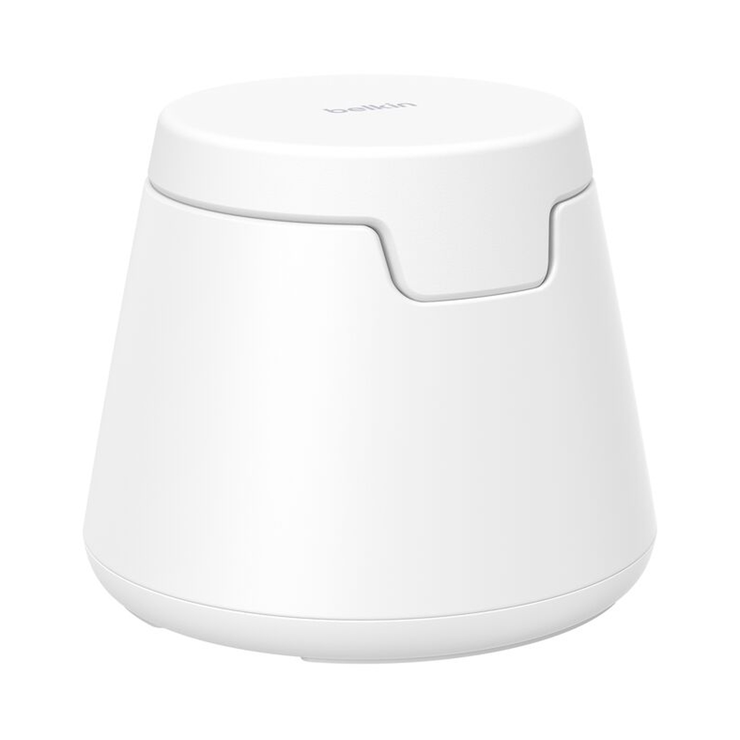 Un dispositivo bianco e conico con coperchio superiore e maniglia ritagliata.