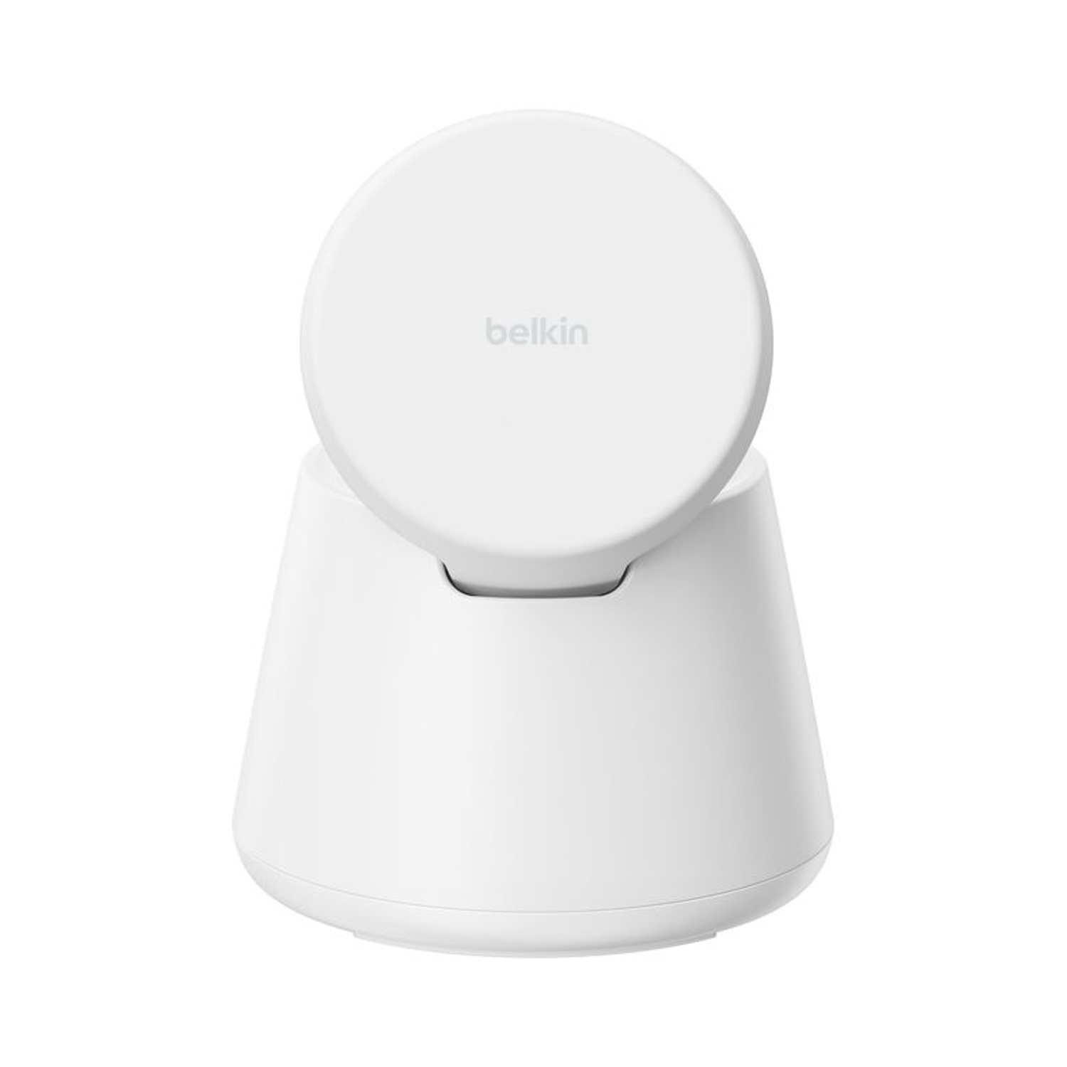 Un supporto di ricarica Belkin bianco con testa rotonda su base conica.