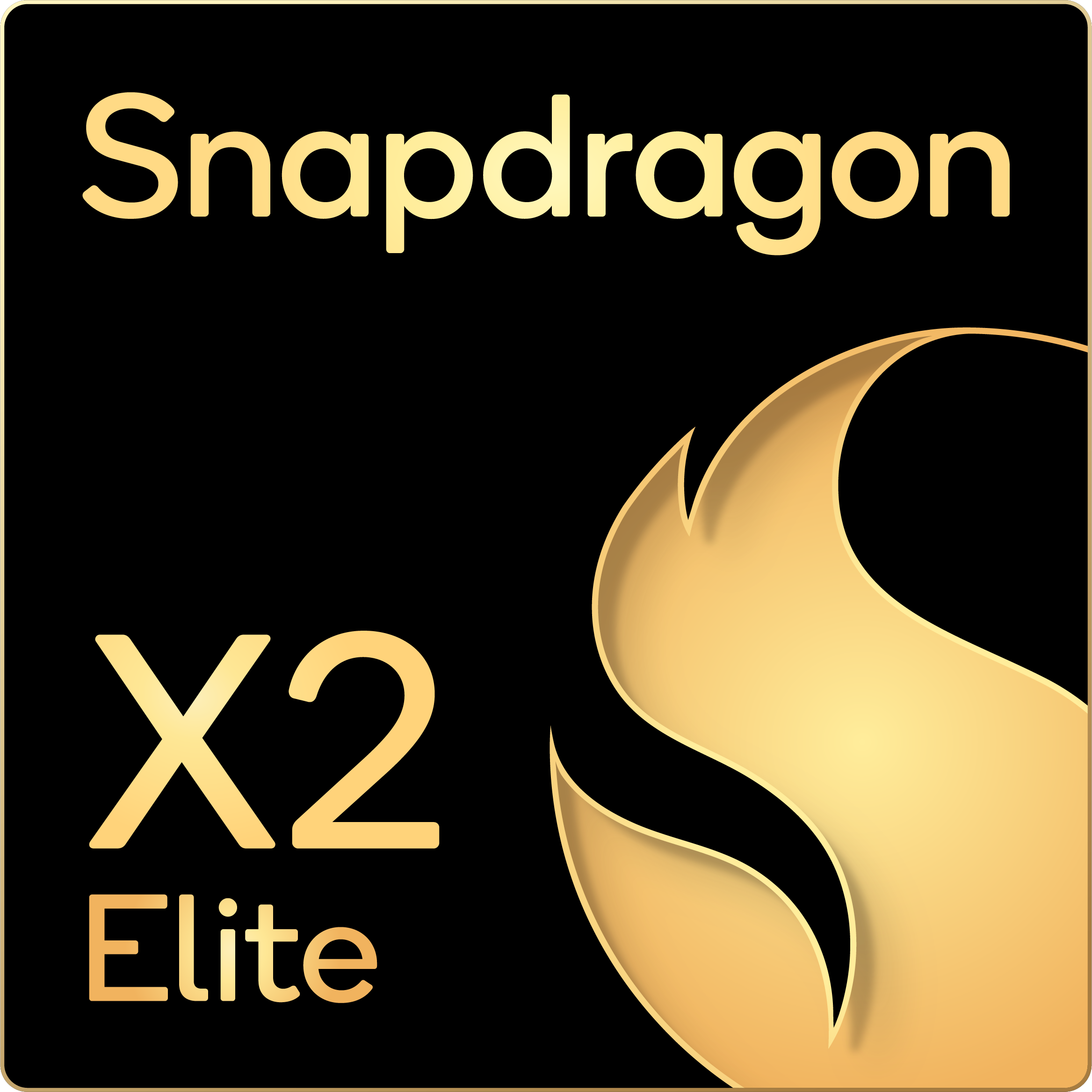 Snapdragon X2 Elite Logo mit goldenen Buchstaben auf schwarzem Hintergrund.
