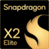 Logo Snapdragon X2 Elite avec lettrage doré sur fond noir.