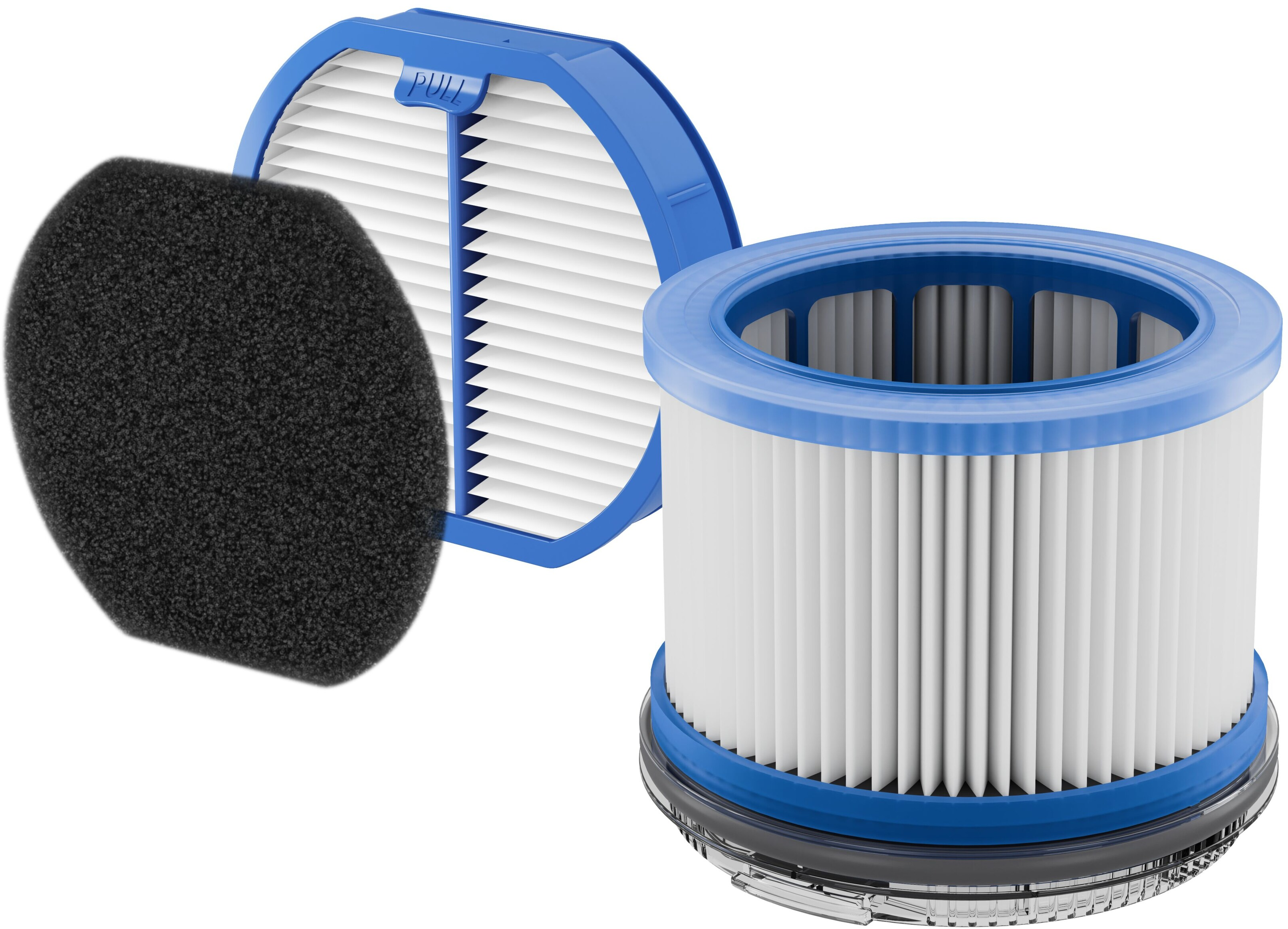 Un filtro per aspirapolvere rotondo blu e bianco con un filtro in spugna nero separato.