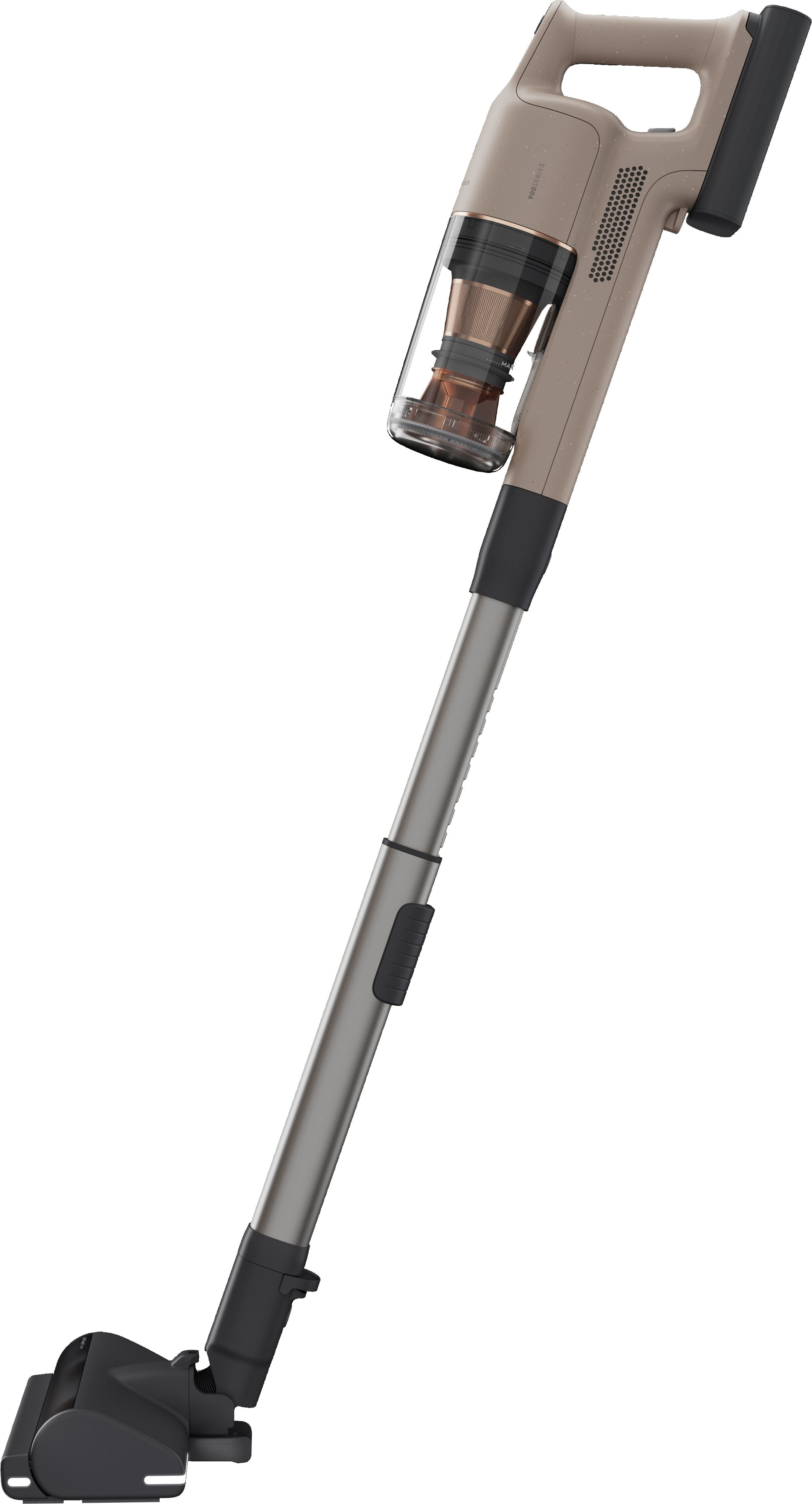 Un aspirapolvere senza fili beige con serbatoio polvere trasparente e tubo metallico.