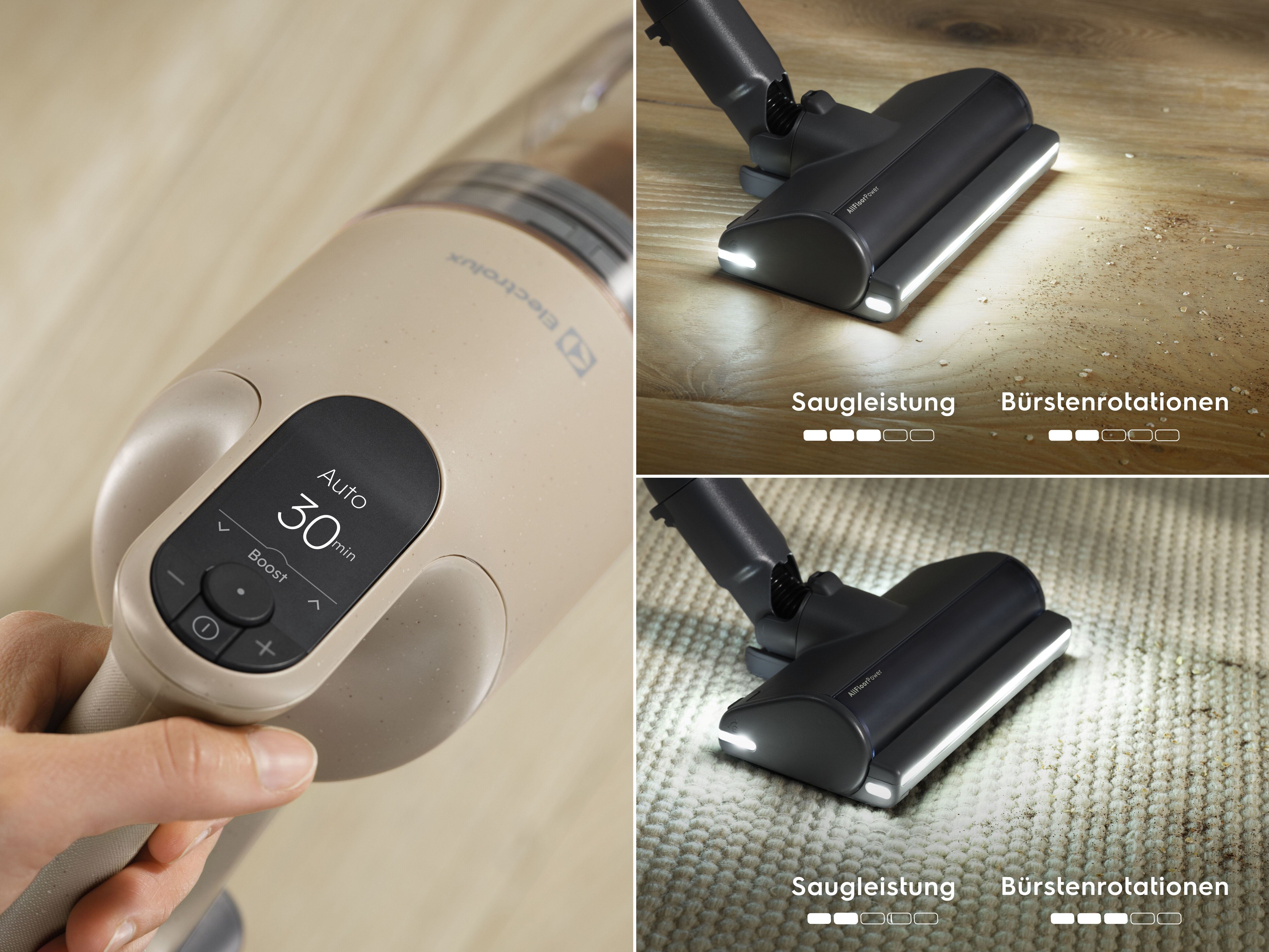 Manico aspirapolvere beige con display digitale 'Auto 30 min'. Testa su legno e tappeto.