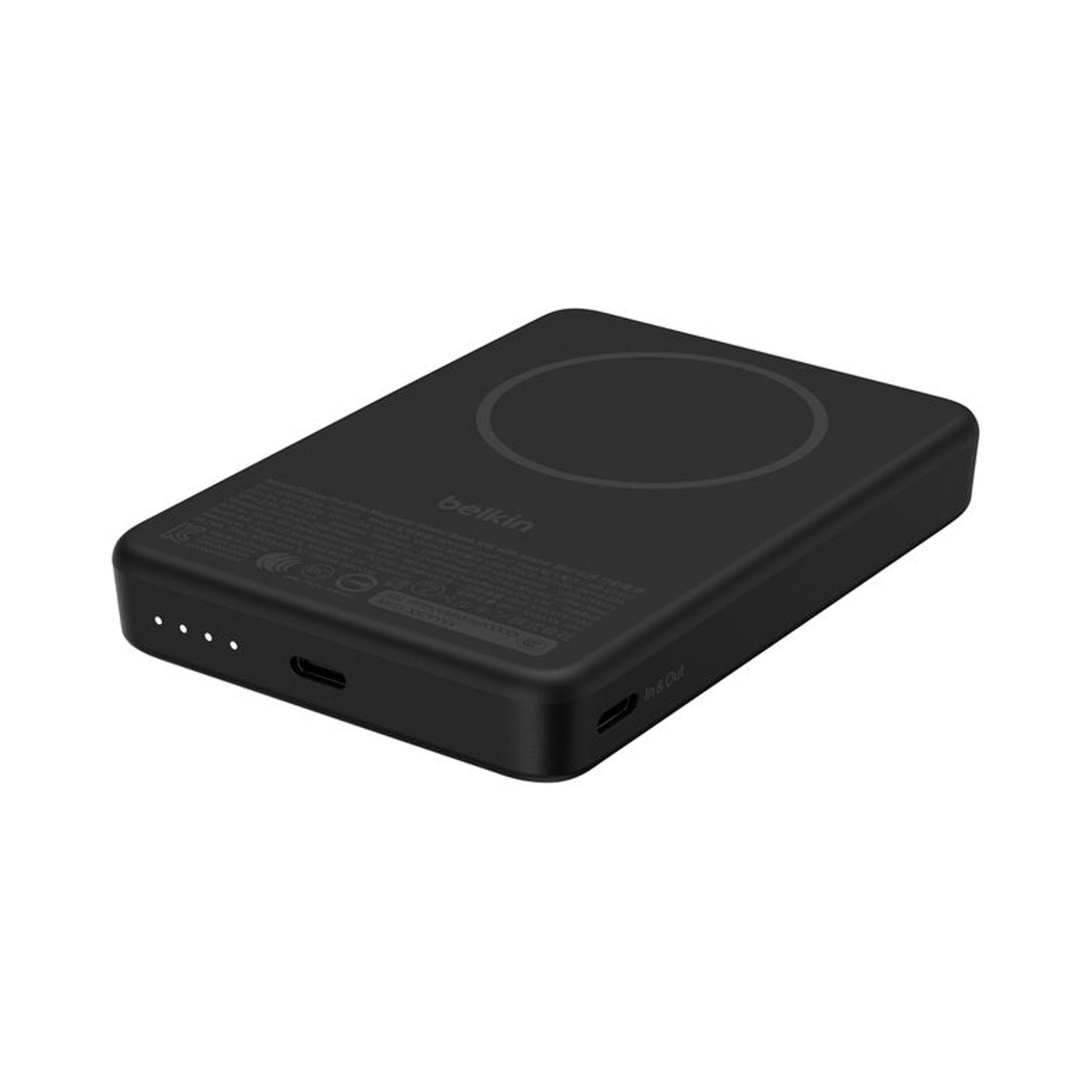 Power bank Belkin nera e rettangolare con spie e porta USB-C.