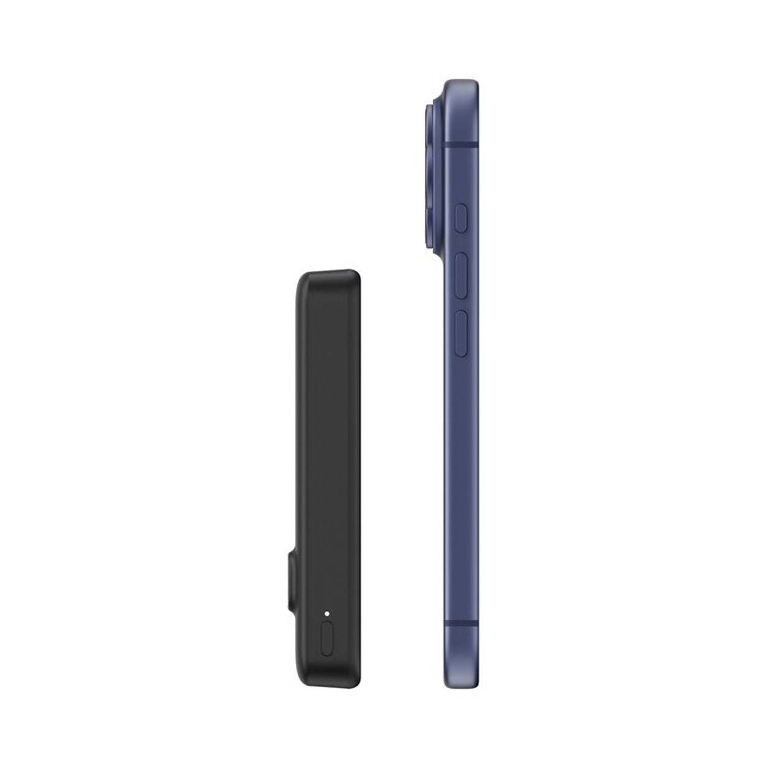 Un dispositivo rettangolare nero è accanto a uno smartphone blu su sfondo bianco.