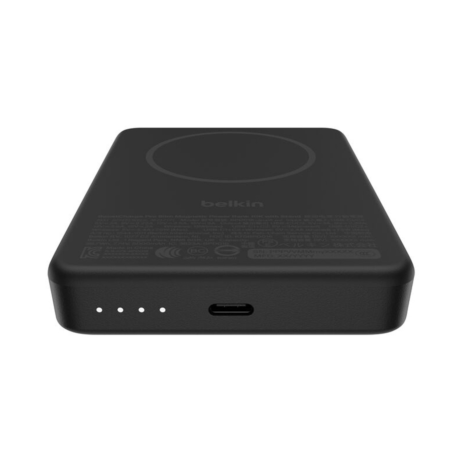 Caricabatterie Belkin MagSafe nero e rettangolare con quattro spie e porta USB-C.