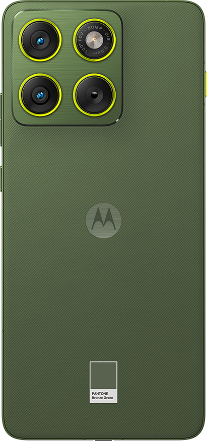 Sötétzöld okostelefon hátoldala négy kamerával és Motorola logóval.