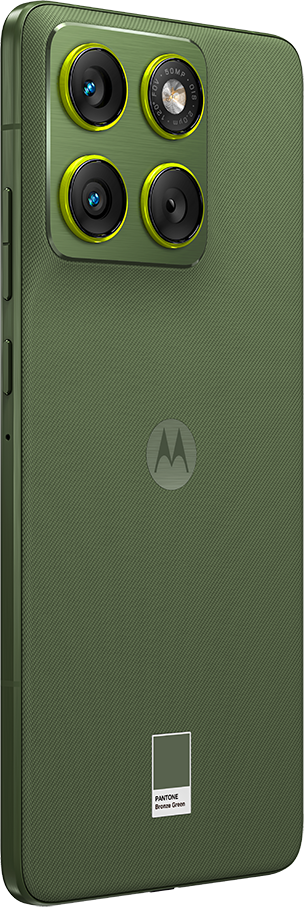 Sötétzöld okostelefon hátoldala négy kamerával és Motorola logóval.