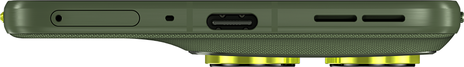Zöld telefonoldal USB-C-vel, hangszóróval és sárga lencsékkel.