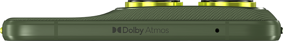 Zöld készülék Dolby Atmos logóval és sárga díszítéssel.